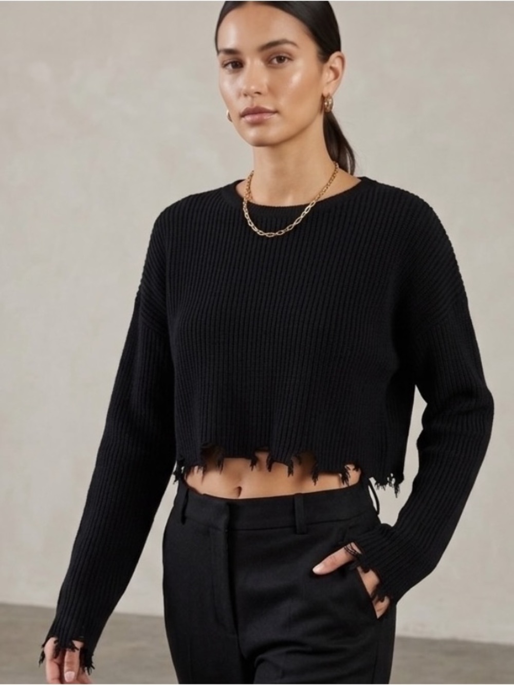 Lovers + Friends Black Distressed Knit Sweater Cropped Edgy Minimalist Size S